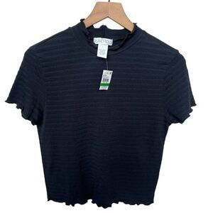 Planet Gold Macy’s NWT Black Mock Neck Lettuce Trim Ribbed Short Sleeve Top